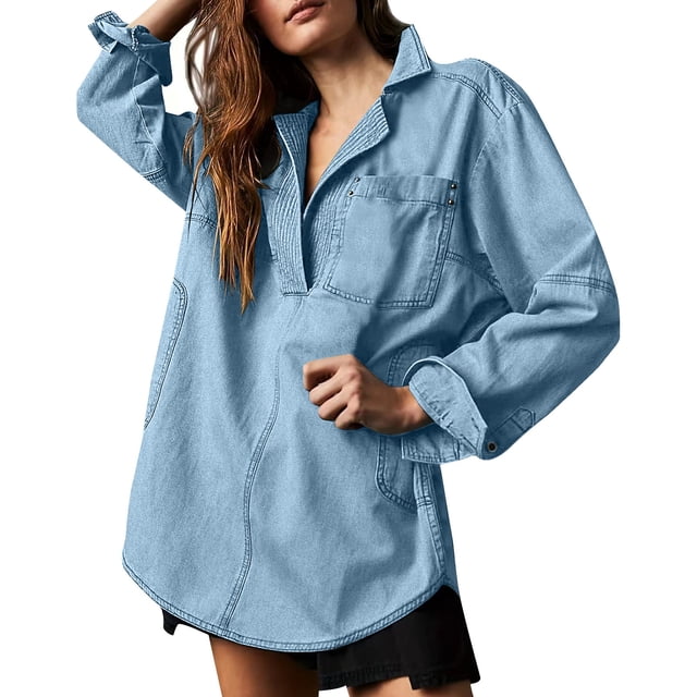 WRKEKC Women's Denim Shacket V Neck Distressed Wash, New Arrival Long Sleeve Western Style Jacket