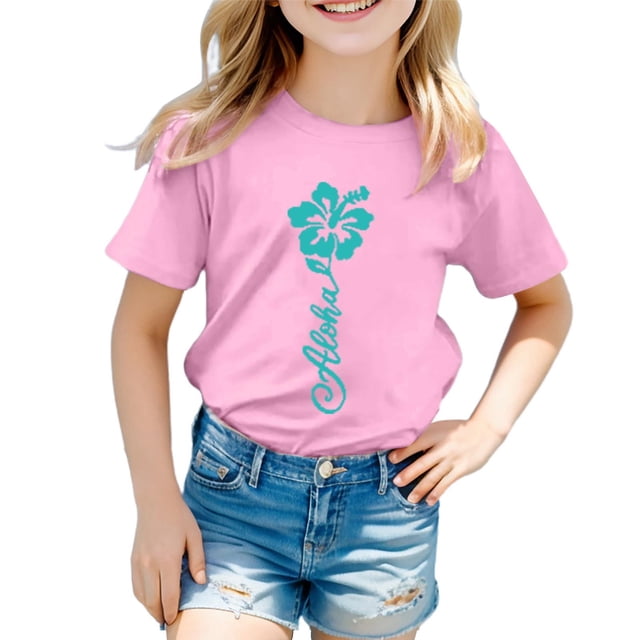 LUOGENLI T-Shirt pour Filles Garçon et Fille Mode Décontractée Imprimé Col Rond Ample Manche Courte T-Shirt Haut Maxi Chemises pour Filles Taille Haute 8-9 Ans
