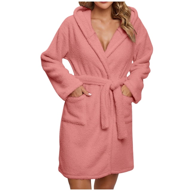 Penkiiy Womens Plush Soft Robe Warm Fleece Shawl Collar Bathrobe Fluffy Long Robes with Pockets M Pink
