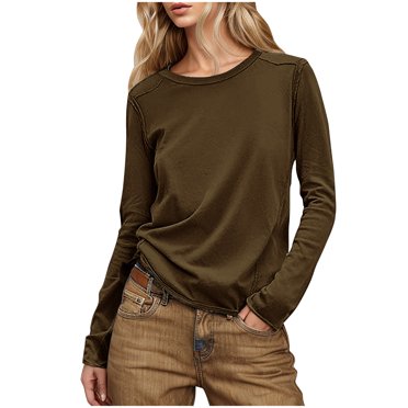 Plebaso T-Shirts à Manches Longues à Col Rond pour Femmes, Hauts Décontractés de Couleur Unie, Chandail d'Été, T-Shirt Basique pour Femmes