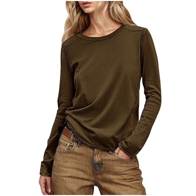 Yanlir Haut à Dos Patchwork pour Femmes Manches Longues Col Rond Décontracté Couleur Unie Confortable Extensible Chemise de Travail (Café1,TG)
