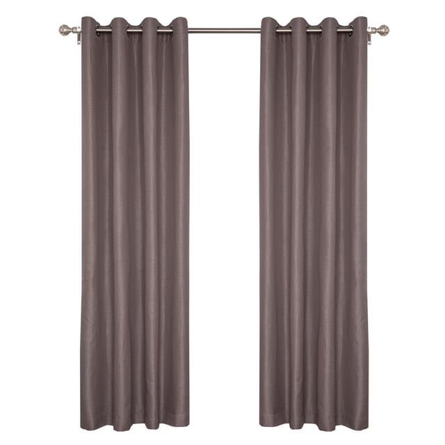 Gouchee Home Thanja Panel set of two room darkening curtains in muted brown with a dotted jacquard weave, each panel 54 inches wide by 96 inches long, featuring 8 silver metal grommets with 1.5-inch inside diameter, made of 100% polyester to block daylight and add privacy.