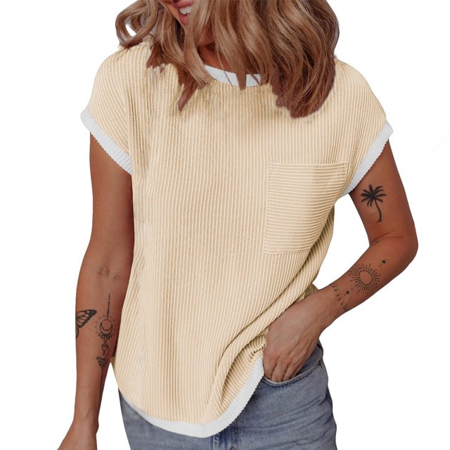 hotojiny Hauts pour Femmes Mode Texturé Col Rond Poche Tee Été Bloc de Couleur Manches Courtes Chemise Décontractée Vêtements 2025