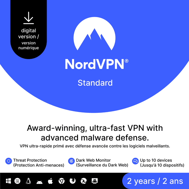 NordVPN Standard 2-Year VPN and cybersecurity software subscription digital code offering ultra-fast VPN with advanced malware defense, threat protection, dark web monitor, and support for up to 10 devices on Windows, macOS, Linux, Android, and iOS.