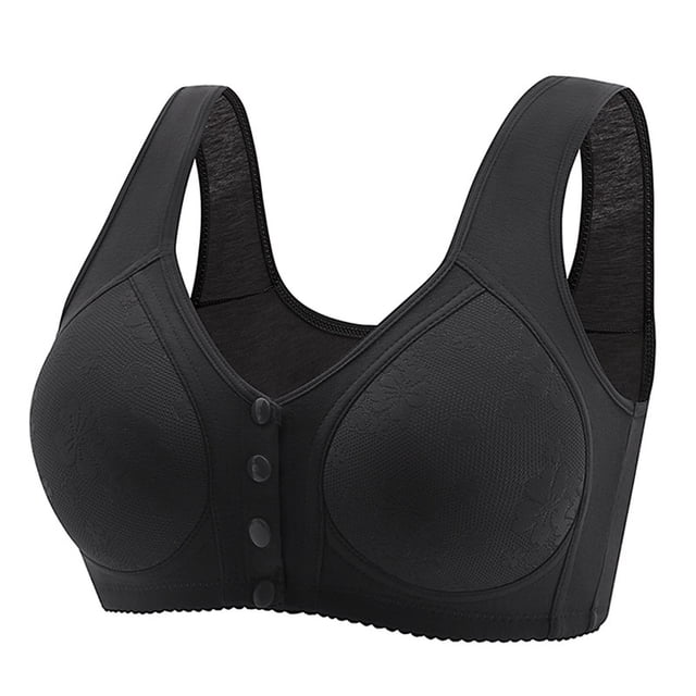 Yuyuzo Plus Size Front Snap Closure Bras for Seniors Wireless Bras Full Coverage Comfort Everyday Bras in black. Designed for seniors, this wireless bra features a front snap closure, wide straps, and full coverage cups with subtle floral patterns. Made from breathable fabric for comfort, ideal for everyday wear.