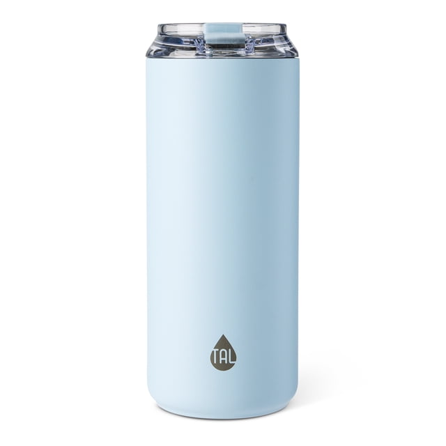 TAL Stainless Steel Tall Boy Tumbler 18 oz in blue with a matte finish and clear leak-proof lid, featuring double wall insulation to keep drinks hot or cold for hours, ideal for tailgates, outdoor use, and daily hydration, also suitable for carrying iced beverages.