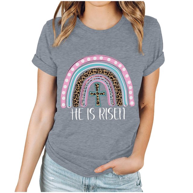 EGNMCR Chemise de Pâques à Manches Courtes pour Femmes Imprimé de Pâques Haut à Manches Courtes Col Rond T-Shirts pour Femmes