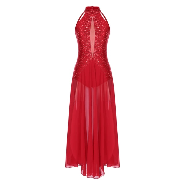 YiZYiF Robe Longue de Danse Lyrique pour Femme, Dos Croisé Fendu, Danse de Salon Moderne, Performance, Rouge, TG