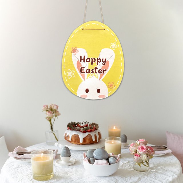 Happy Easter Wooden Door Hanging Sign with Rabbit Design, 23.3x30cm Indoor Outdoor Wall Decor for Spring Celebrations
