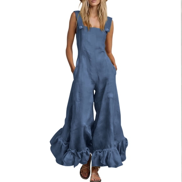 SZJXBUY Dressy Jump Suit 2026 Women Elegant Casual Sleeveless Wide Leg Long Jumpsuit Dressy Ruffled Hem Baggy Overalls with Pockets Dark Blue,XXL