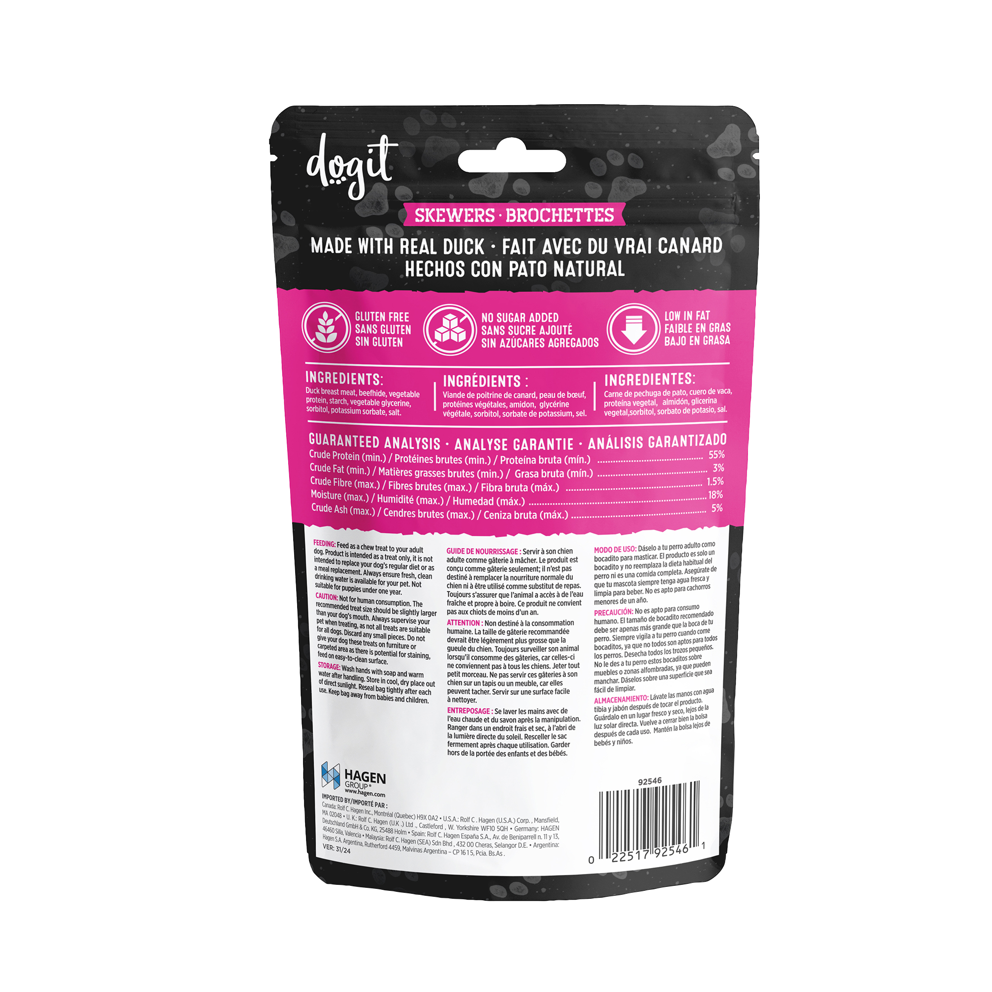 Brochettes de canard et peau de bœuf Dogit Snack Bar, 15 cm (6 po), 100 G