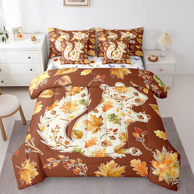 YST Autumn Maple Leaf Bed In A Bag 7 Piece Full Size, Cute Squirrel Bedding Set For Kids Teens Adult, Happy Thanksgiving Comforter Set Fall Harvest Rustic Sheet Set With 2 Pillow Cases