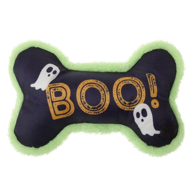 Vibrant Life Halloween 8.5in Squeaky Plush Dog Toy, Boo Bone shaped like a dog bone with a black durable polyester center displaying orange 'BOO!' text and two white ghost graphics, trimmed with light green plush fabric, ideal for festive pet play.