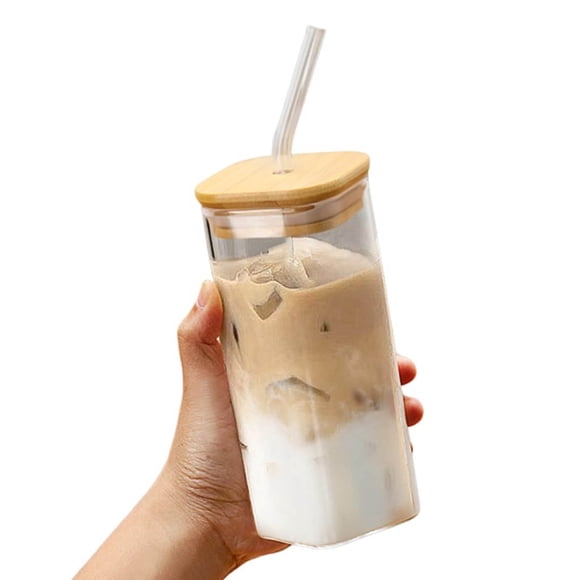 Tasse en Verre à Paille Résistante à la Chaleur 400 ml avec Couvercle pour Boissons