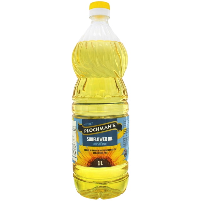 Plochman’s Sunflower Oil 1L clear plastic bottle containing yellow cooking oil, featuring a blue label with sunflower image and text indicating 100% pure, cholesterol-free, and a source of omega-6 polyunsaturated fat, sealed with a yellow cap, ideal for frying, stewing, and baking.