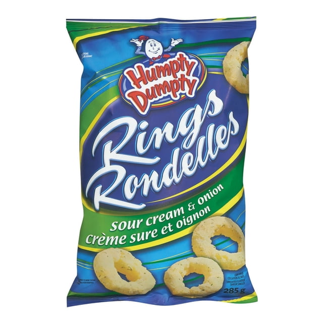 Old Dutch Humpty Dumpty Sour Cream & Onion Rings 285 g bag featuring super-sized light and crispy cornmeal snack rings with sour cream and onion flavour, suitable for satisfying crunchy snack cravings.