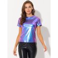 thumbnail image 3 of INSPIRE CHIC Women's Party Metallic Textured Short Sleeve Shiny Multicolor Top X-Small Blue Purple, 3 of 5