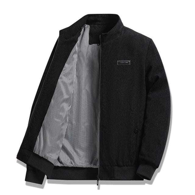 LOVZFMLL Jackets for Men's Solid Color Corduroy Long Sleeved Pocket Stand Up Collar Jacket Coat in black. This men's outerwear features a stand collar, long sleeves, and front pockets. Made of polyester with a striped inner lining, ideal for casual and daily wear during spring and winter.