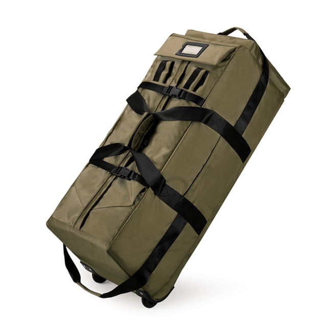 Large duffle bag for travel with wheels, shown in an army green color. This versatile bag features durable nylon blend material, smooth rolling wheels, and adjustable straps for multiple carrying modes, including handbag, trolley bag, and backpack. Dimensions are 33x30x80cm (13x11.8x31.5in), and it is lightweight at 1.5kg (3.3lb).
