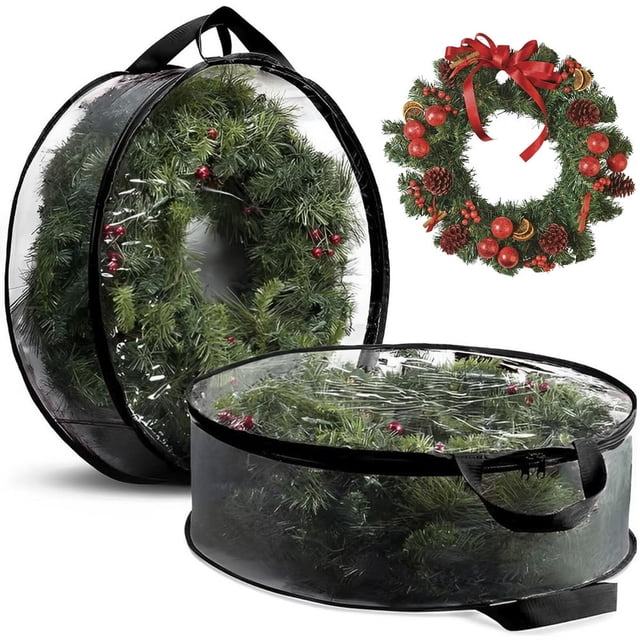 2Pcs 24/30inch Wreath Storage Bag PVC Transparent Christmas Wreath Storage Container Dual Zip Large Capacity Wreath Storage Bag Portable Dust Proof Wreath Container for Wreath Garland