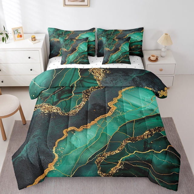 YST 7 Pcs Comforter Set Queen, Marble Bed In A Bag With Flat Sheet And Fitted Sheet For Kids And Adults, Golden Glitter Marbling Stone Pattern Bedding Set With Pillowcases & Shams,Green Gold