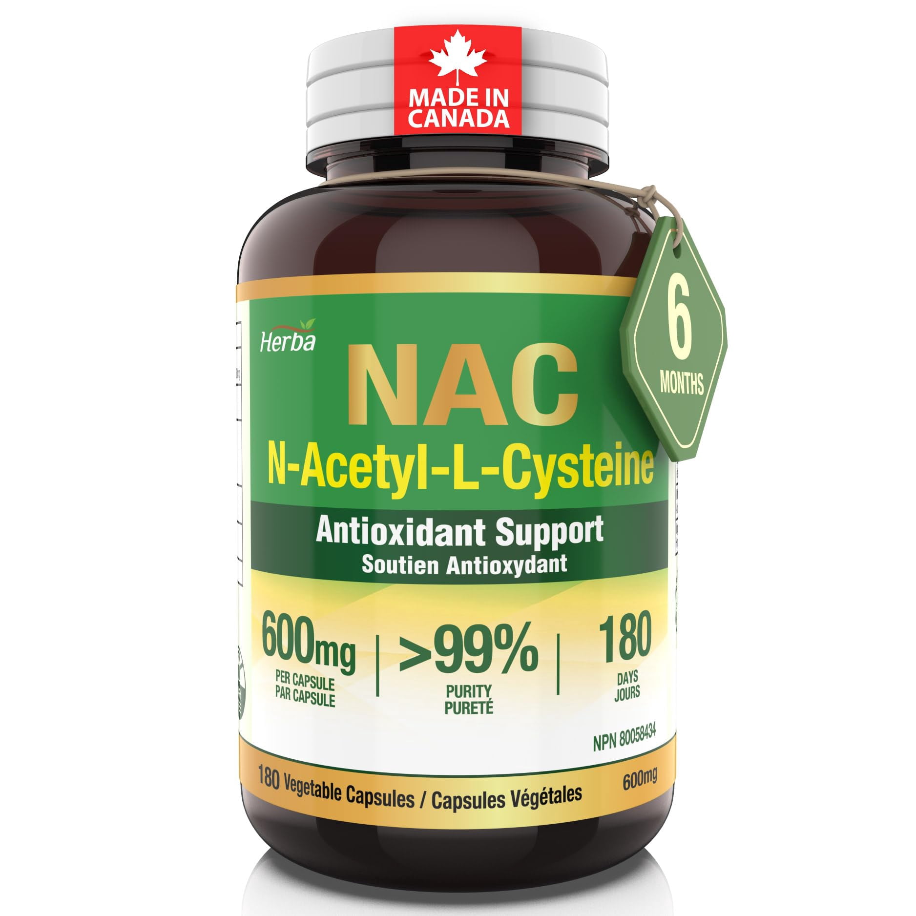 Herba NAC Supplement 600mg – 180 Vegetable Capsules | N-Acetyl-L-Cysteine | Made in Canada