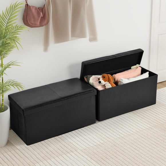 Banc de rangement pliable Homy Casa, ensemble de 2, siège en similicuir avec rangement dissimulé, noir
