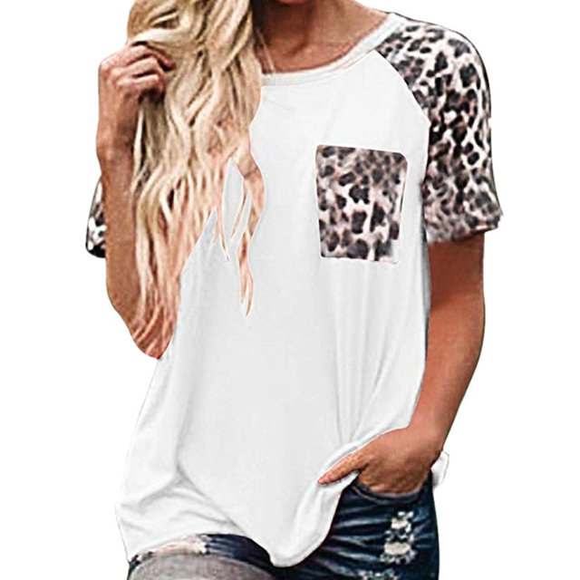 DYMADE Women Leopard Patchwork Crew Neck Short Sleeve Casual Loose Top