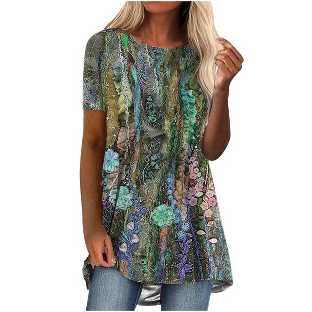 EQWLJWE Hauts d'Été pour Femmes Hauts pour Femmes Liquidation Femmes Décontracté Imprimé Manches Courtes Col Rond Chandail Blouse T-shirt Hauts