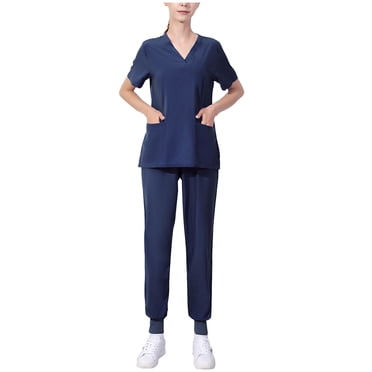Pisexur Ensemble de Sarraus pour Femmes, Uniforme Médical Uni Extensible, Ensemble de Sarrau, Haut à Col en V à Manches Courtes, Pantalon Jogger Fuselé Cargo