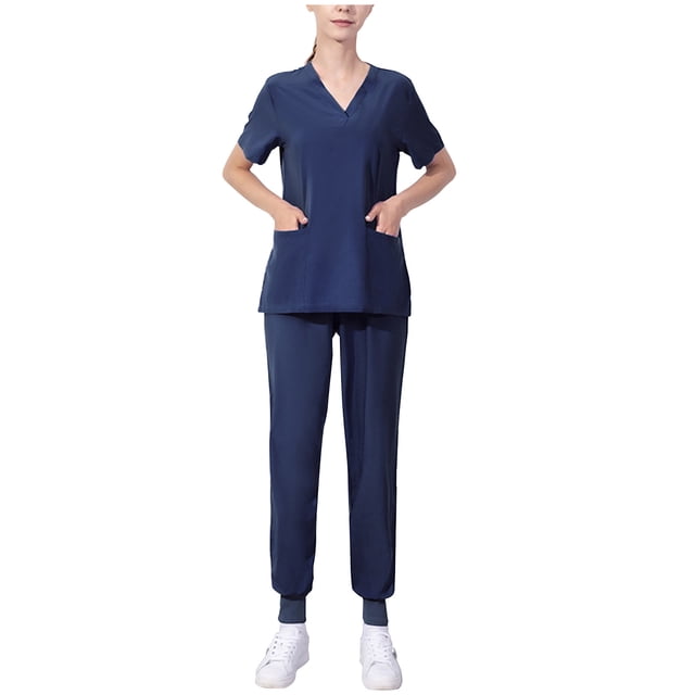 Pisexur Ensemble de Sarraus pour Femmes, Uniforme Médical Extensible Uni avec Haut de Sarrau d'Infirmière à Manches Courtes et Col en V, Deux Poches avant et Pantalon jogger Fuselé, de Couleur Unie. Fabriqué en Fibre de polyester Douce et durable, Conçu pour le Confort et la Praticité en Milieu Médical Ou à la Maison.