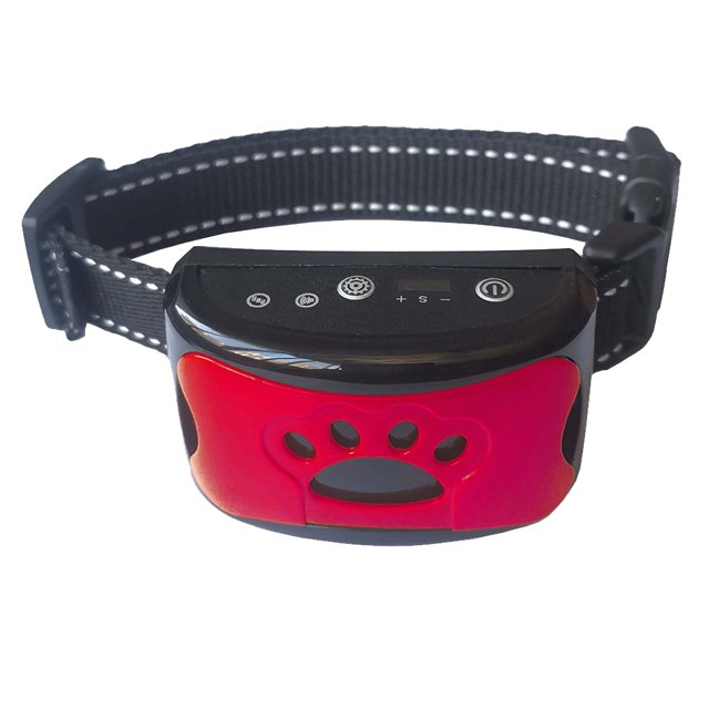 Anti Dog Bark Collar by jiarry, featuring a red and black design with a paw-shaped cutout on the front. This automatic bark collar is rechargeable, waterproof, and equipped with an intelligent microphone that responds only to your dog's unique barking. It offers vibration and sound-based progressive bark training, suitable for small, medium, and large dogs. The collar includes adjustable settings and a durable black strap with reflective stitching for added safety.