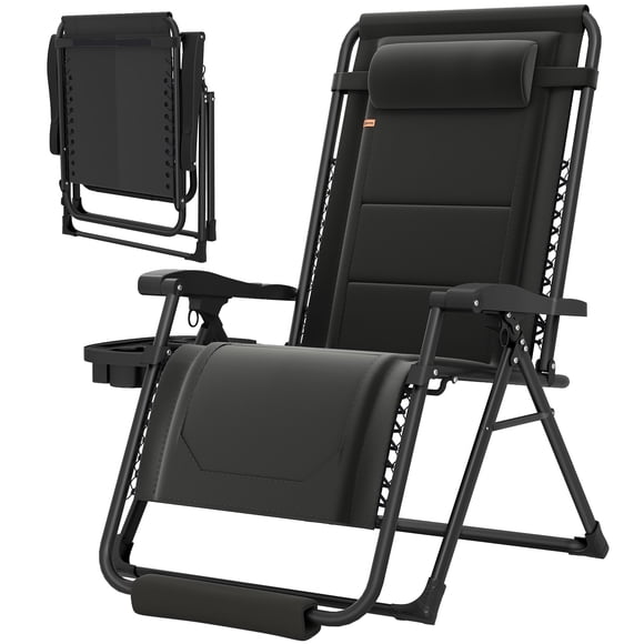 Zero Gravity Outdoor Lounger Chair with Adjustable Reclining, Steel Frame & Oxford Fabric, Cup Holder Tray, Foldable Sun Chair for Patio, Garden, Backyard, Black, 400 lbs Capacity