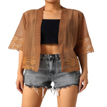 Womens Sheer Shrug Cardigan Casual Open Front Crochet Lace Half Sleeve Cover Up