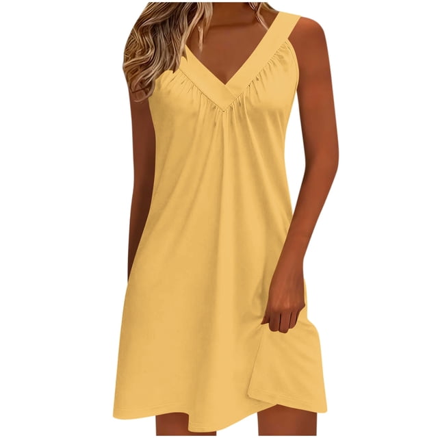 Kyusrd Robe Débardeur d'Été pour Femmes Robe Courte Plissée à Col en V Sans Manches Robe Soleil T-Shirt Robe Trapèze Robe Courte de Plage
