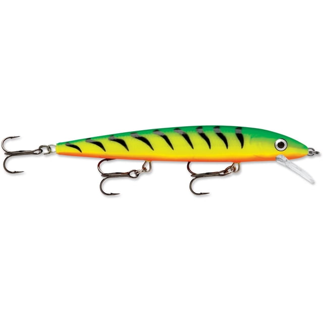 RAPALA Husky Jerk 12 FireTiger fishing lure with a 4-3/4 inch plastic body in green, yellow, and orange FireTiger pattern with black stripes, three VMC black nickel treble hooks, and a clear diving lip for running depths of 4 to 8 feet, featuring a rattle chamber that amplifies sound underwater, ideal for casting or trolling at any speed.