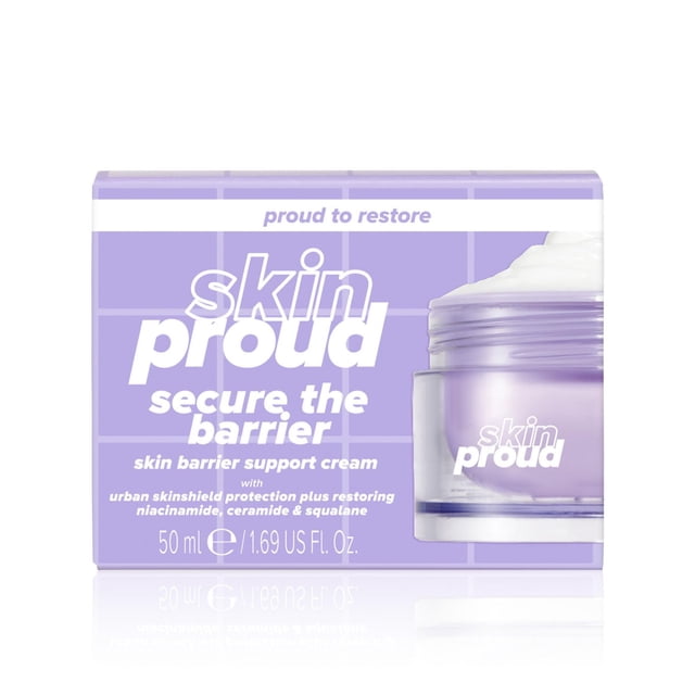 Skin Proud - Skin Barrier Support Cream - 50ml in a lavender box with white text and a matching lavender jar partially open showing white cream, a hydrating daily moisturizer with niacinamide, ceramide, and squalane that supports and restores the skin's moisture barrier while protecting against environmental pollutants.