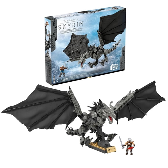 MEGA Figurines d'Action Skyrim Jouets de Construction, Alduin le Mangeur du Monde avec 619 Pcs, avec 1 Figurine Dragonborn, pour Collectionneurs