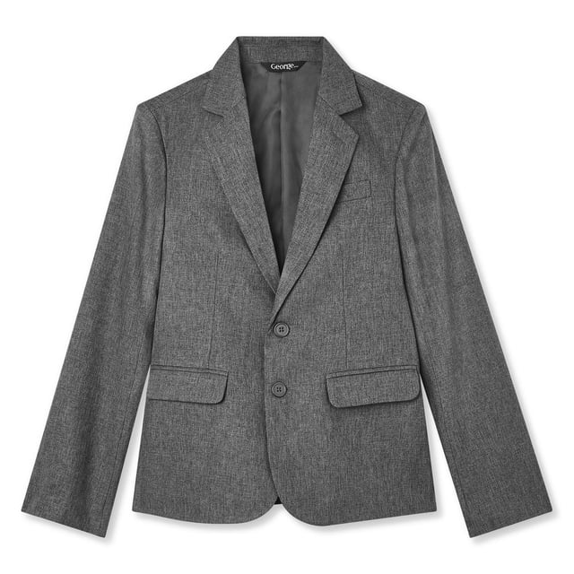 George Veste de Complet pour Garçons en Gris 100 % polyester avec Épaules Rembourrées et Fermeture à Deux Boutons, avec Revers Cranté et Poches à Rabat, Orientée vers l'Avant sur Fond Blanc, Idéale pour les Tenues Habillées pour Garçons et les occasions Formelles.