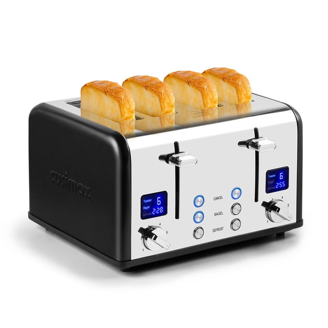 CUSIMAX 4-Slice Toaster in stainless steel with extra-wide 1.5-inch slots and 5.5-inch length, featuring dual independent controls, a clear LED display, and functions for Cancel, Bagel, and Defrost. Ideal for thick breads like bagels and croissants, this smart kitchen appliance is shown toasting four slices of bread with blue indicator lights active.