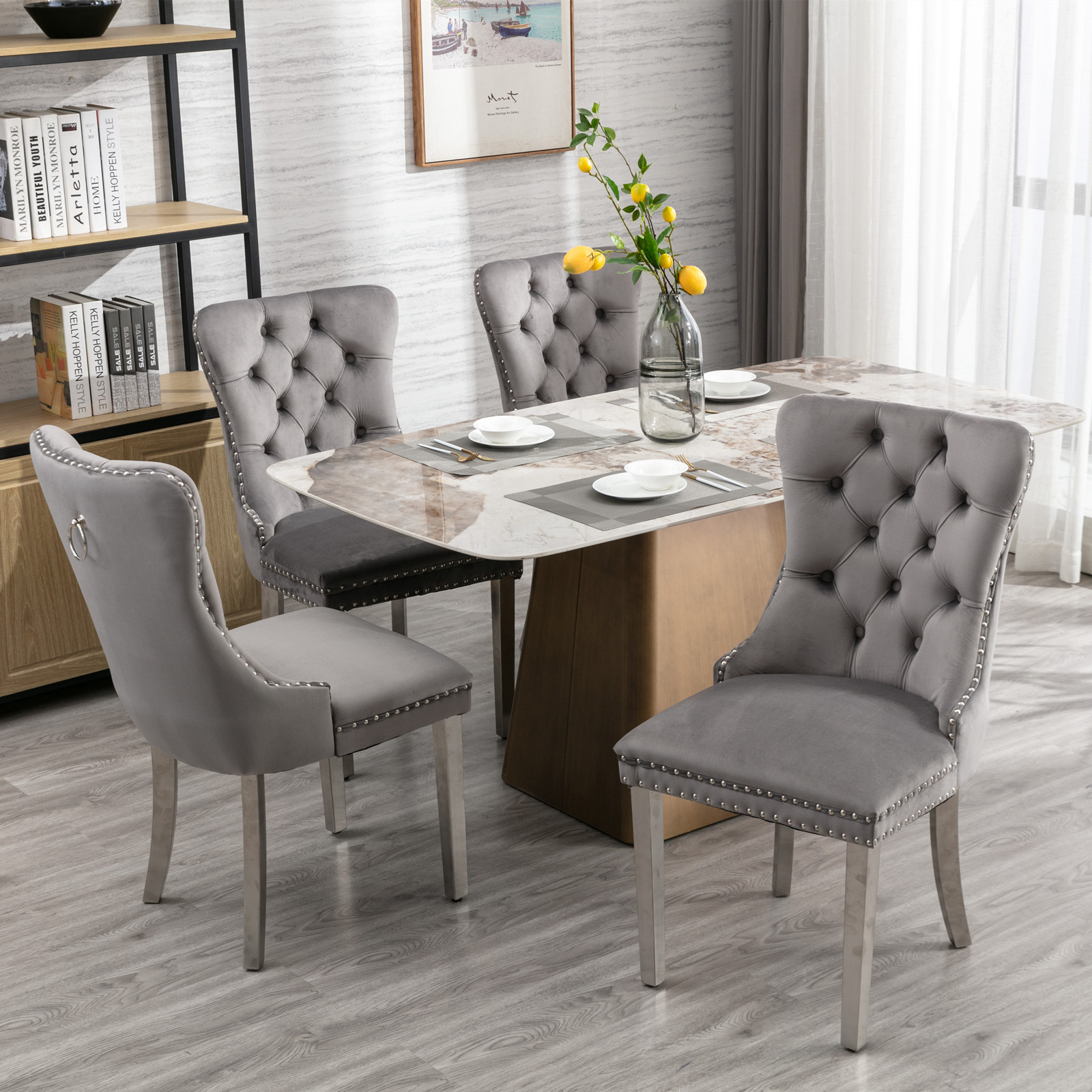Noble House Velvet Upholstered Dining Chair Set of 2,Tufted with Siller Plated Legs & Nailhead Trim,Blue + Gold