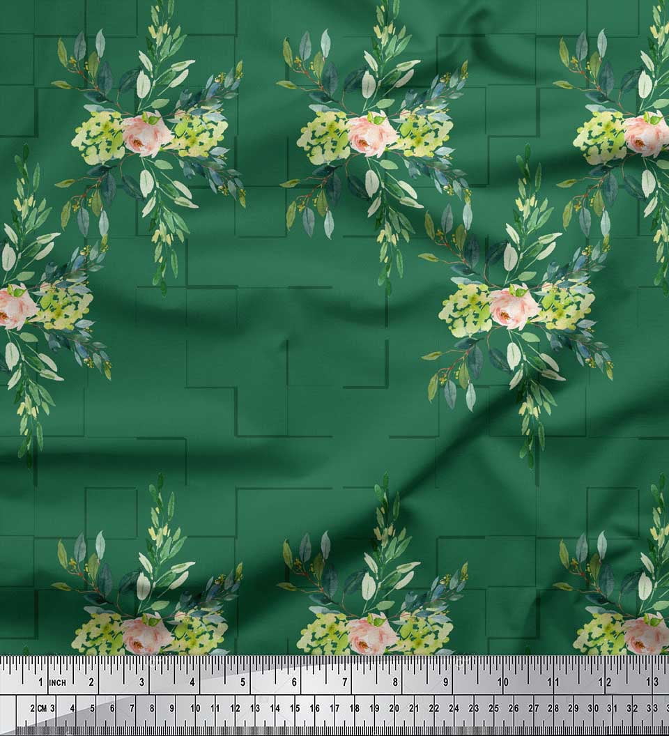 Soimoi Green Cotton Voile Fabric Square & Leaves Print Sewing Fabric Yard 42 Inch Wide