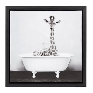 DesignOvation Baby Giraffe in the Tub 14" x 14" Framed Canvas Wall Art Print by Amy Peterson
