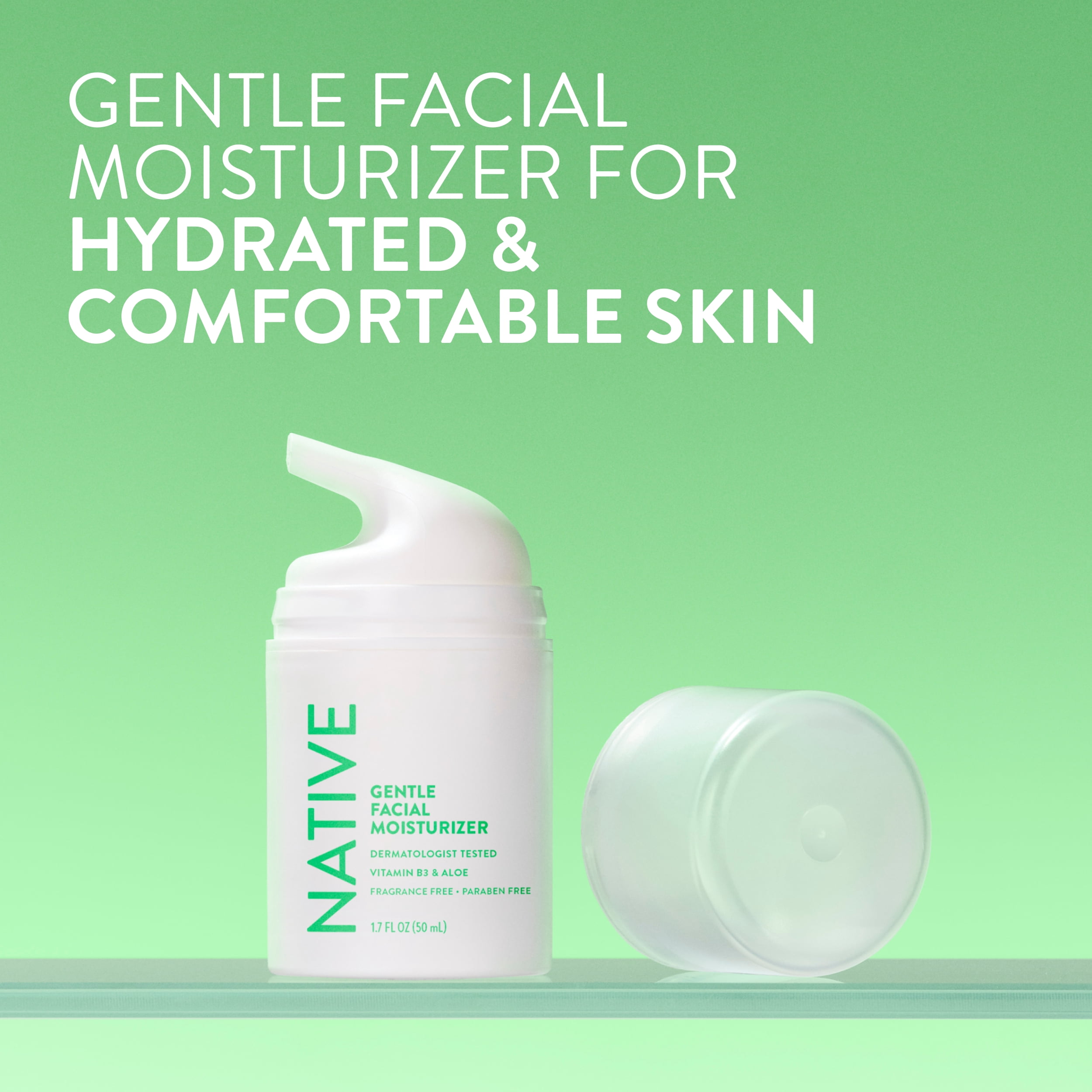 Nettoyant doux pour le visage Native pour peau sensible, sans parfum, sans sulfate, avec vitamine B3 et aloès, testé dermatologiquement, 50 mL