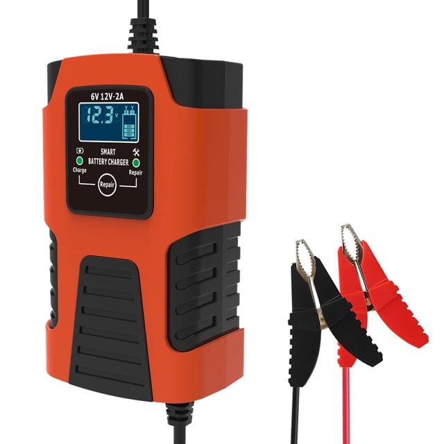 Red 6V/12V 2A Smart Battery Charger for Cars & Motorcycles - 3-Stage Automatic Charging, LCD Display, Multi-Protection (Overcharge/Overvoltage/Short Circuit), Microprocessor Control, 85% Efficiency,