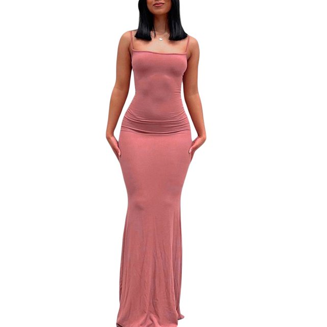 QJUHUNG Femmes Couleur Unie Robe Longue Sexy Bodycon Extensible Maxi Dame Printemps Automne Été Spaghetti Robe de Sangle