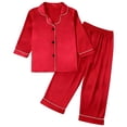 thumbnail image 2 of Fridja Satin Pajamas for Girls, Summer Solid Color Long Sleeve Comfortable Soft Satin Button Down PJ Set Gift for Slumber Party, Birthday, Holiday (Red,5-6 Years), 2 of 5