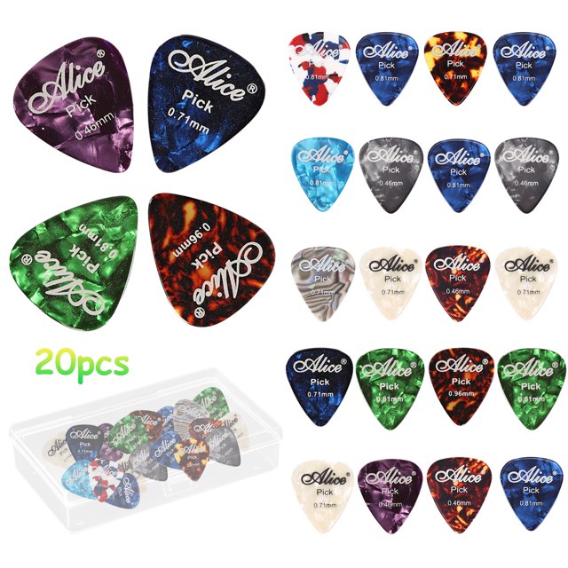 Guitar Picks, Durable Delrin Plastic Non-Slip Textured Grip, Celluloid Material Smooth Comfortable Feel For Multiple Applications (20PCS). A set of 20 guitar picks in assorted colors and patterns, designed with a standard 351 shape. Constructed from durable Delrin plastic with a textured grip for secure handling, and celluloid material for a smooth, comfortable feel. Ideal for various instruments and musical styles, these picks deliver warm, vibrant tones and protect fingers during extended use. Comes with a clear storage case for convenience.