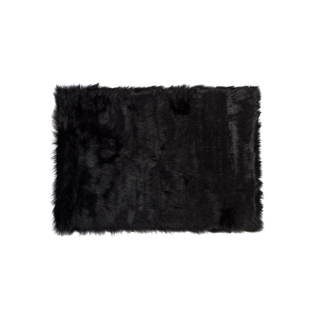 H-LUXE Hudson Faux Fur 5'X8' Rug in black featuring a thick, plush acrylic faux fur pile with microsuede anti-skid backing, machine tufted for durability, ideal for indoor accent use or as a cozy seat cover in bedrooms or living rooms.
