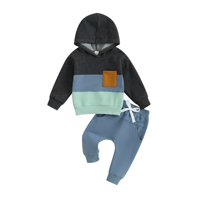 Faithtur Toddler Boy Autumn Clothes Contrast Color Patchwork Long Sleeve Hoodies Solid Color Pants 2Pcs Outfit